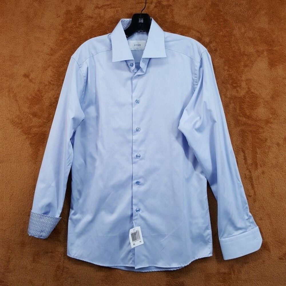 ETON Dress Shirt Mens 15 38 Blue Slim Fit Geometric Contrast Trim 100% Cotton